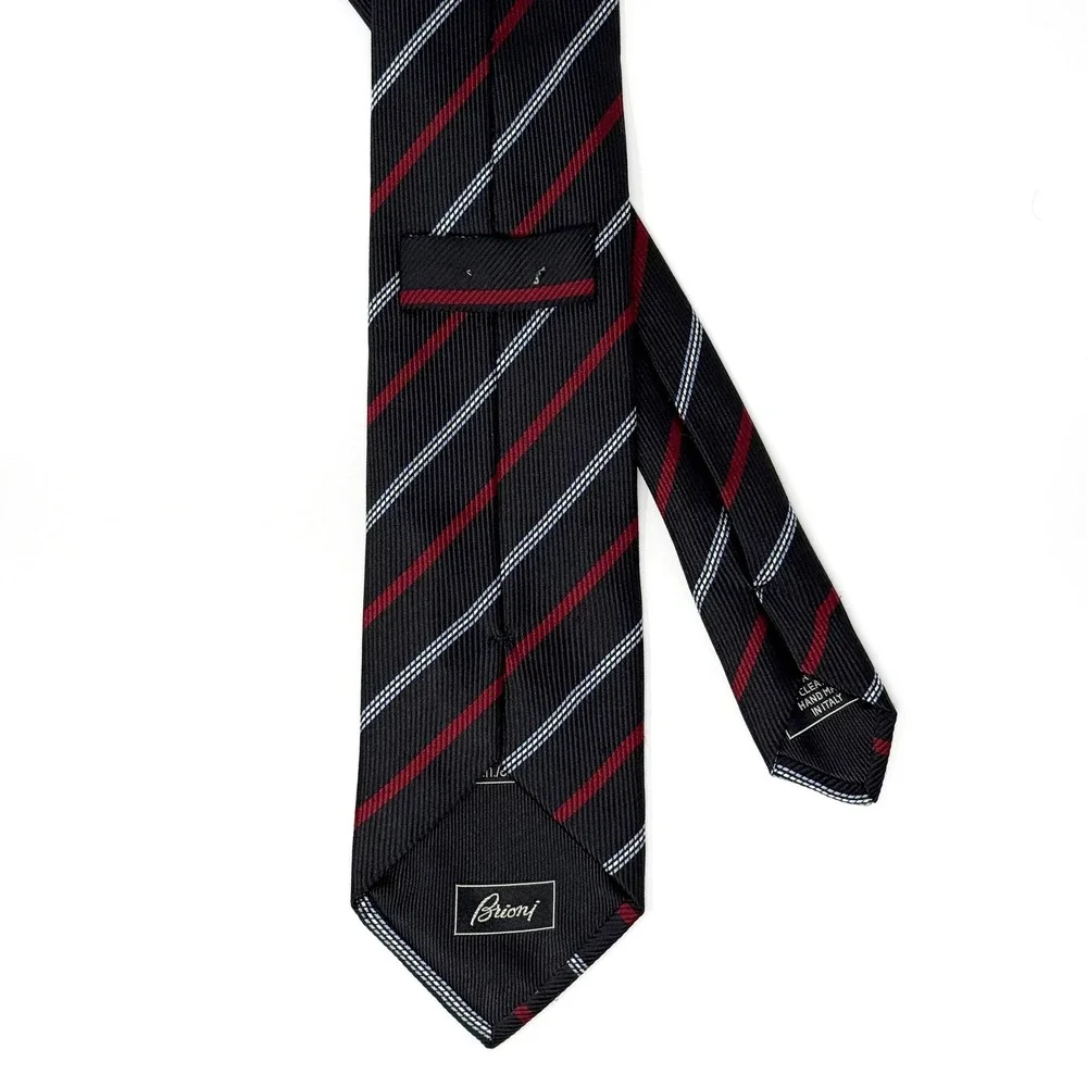 Brioni Black Red White Stripe‎ Silk Necktie 3.5
